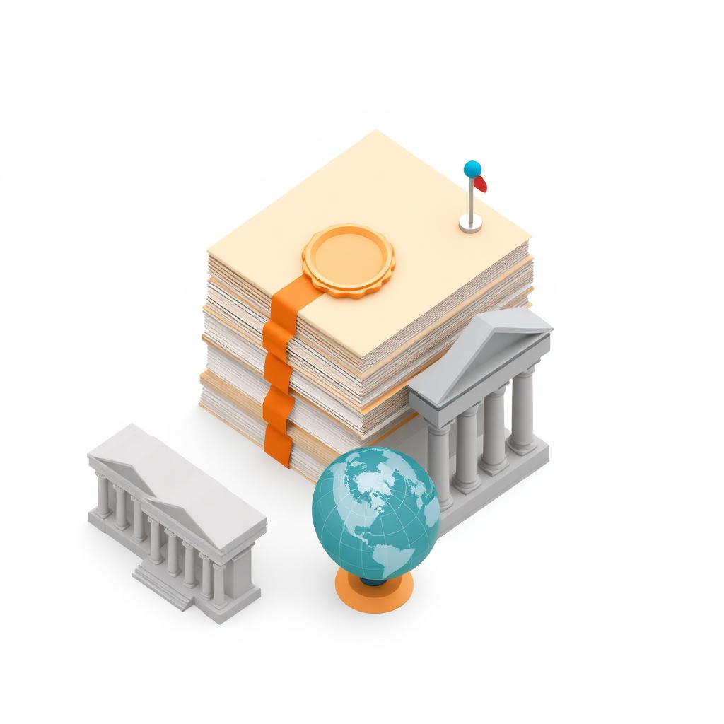 Illustration of policy documents, government columns and a globe