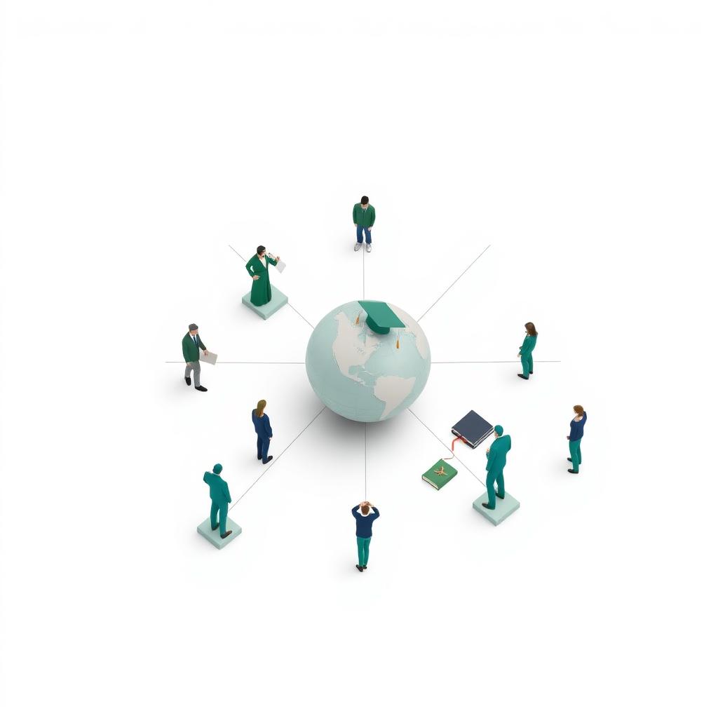 Illustration of professionals connected around a globe with a graduation cap