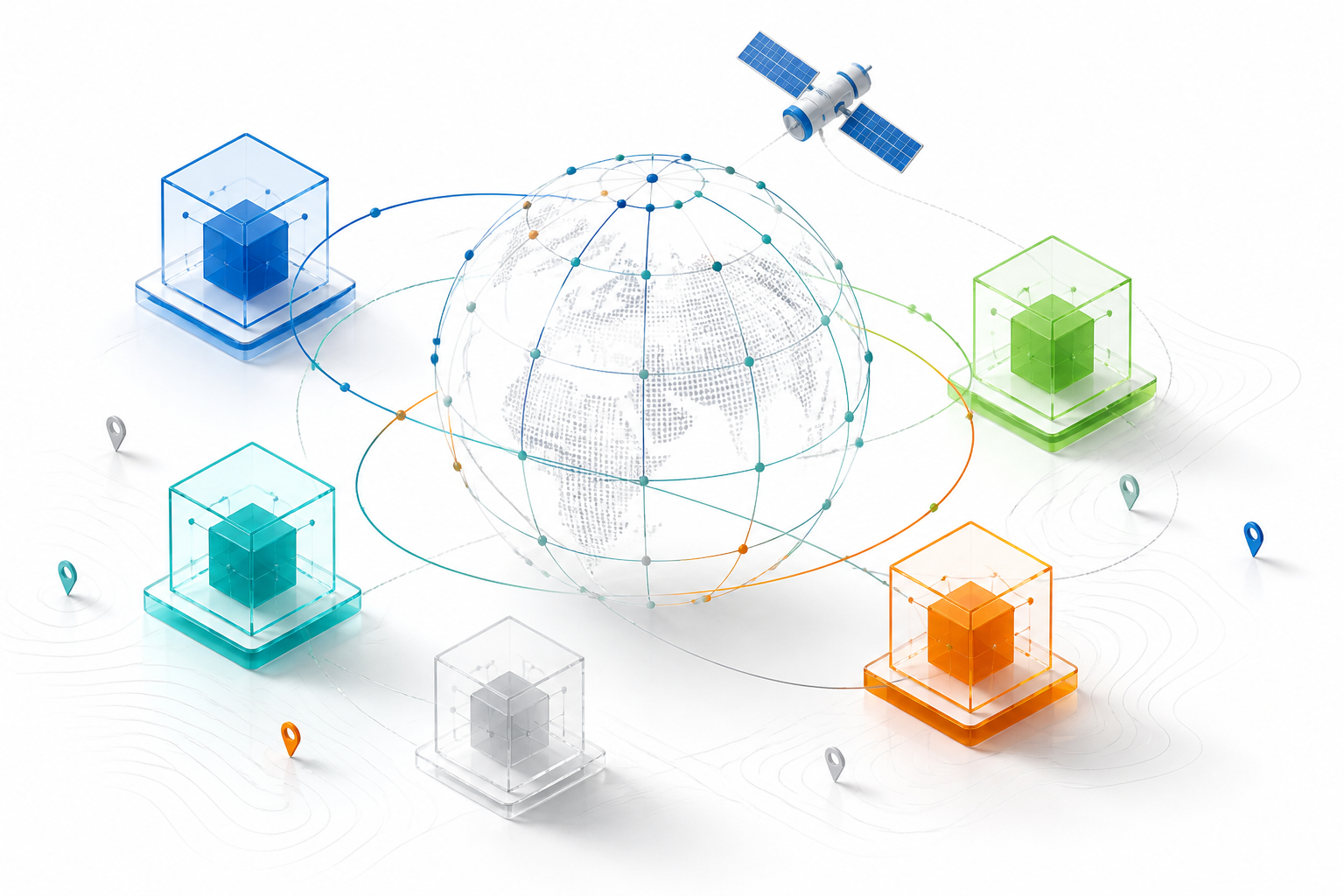 Isometric illustration of connected geospatial data cubes orbiting a globe