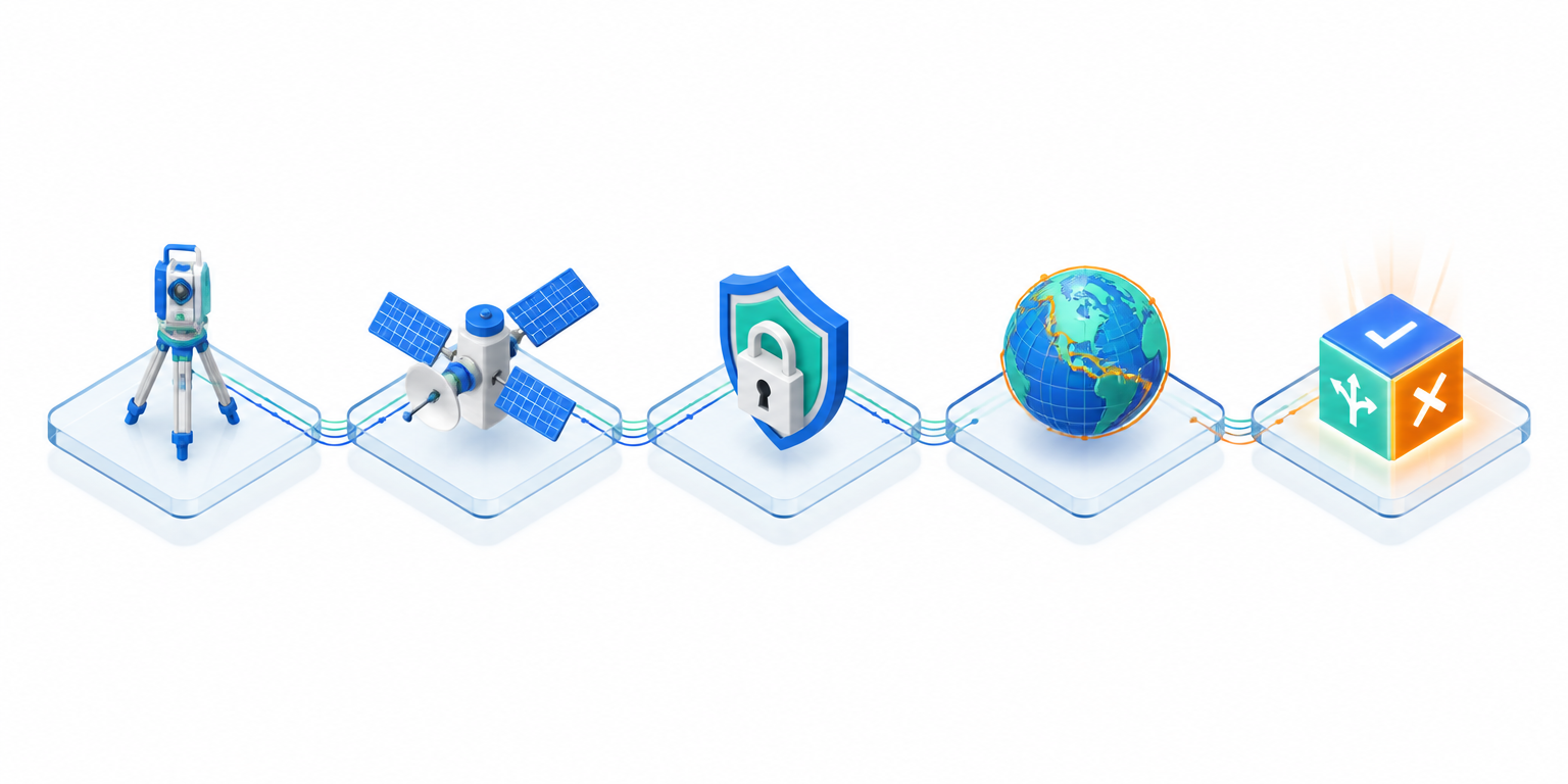 Isometric illustration of a five-stage geospatial data pipeline from survey to decision