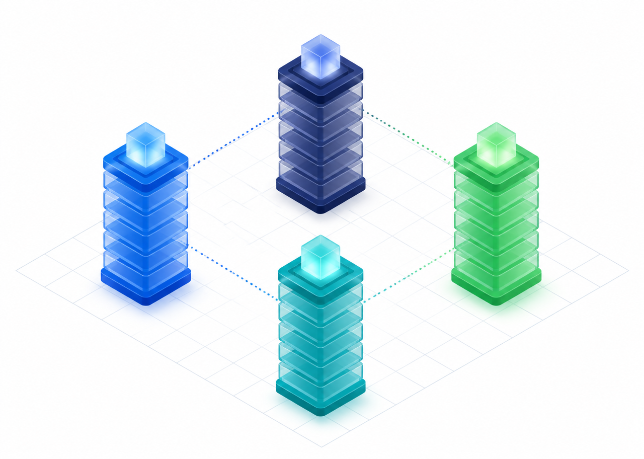 Isometric illustration of four glass pillars representing provenance, governance, metadata and accountability