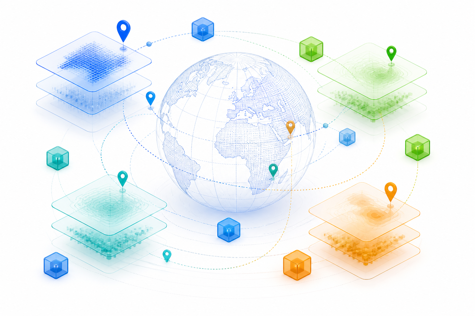 Isometric illustration of geospatial data layers and cubes orbiting a wireframe globe